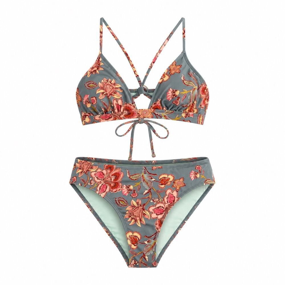 CUPSHE Floral Bikini Set Gray Pink Crossback Two Piece Swimsuit S/M *Custom Fit*